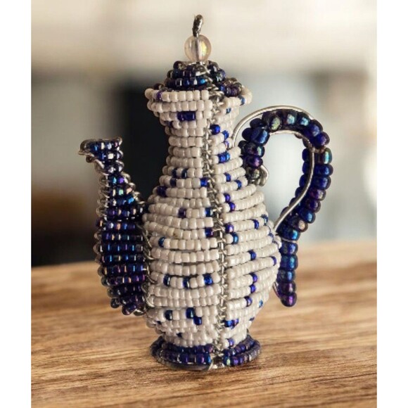 Blue White Beaded Teapot Christmas Ornament Perfect For Blue White Themed Trees. - Picture 1 of 5